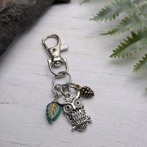 Silver Owl Keychain with Leaf and Pinecone Charms / Purse Charm / Bag Charm